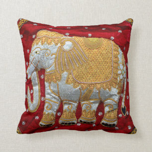 Verschönertes indischer Elefant-Rot und Gold Kissen