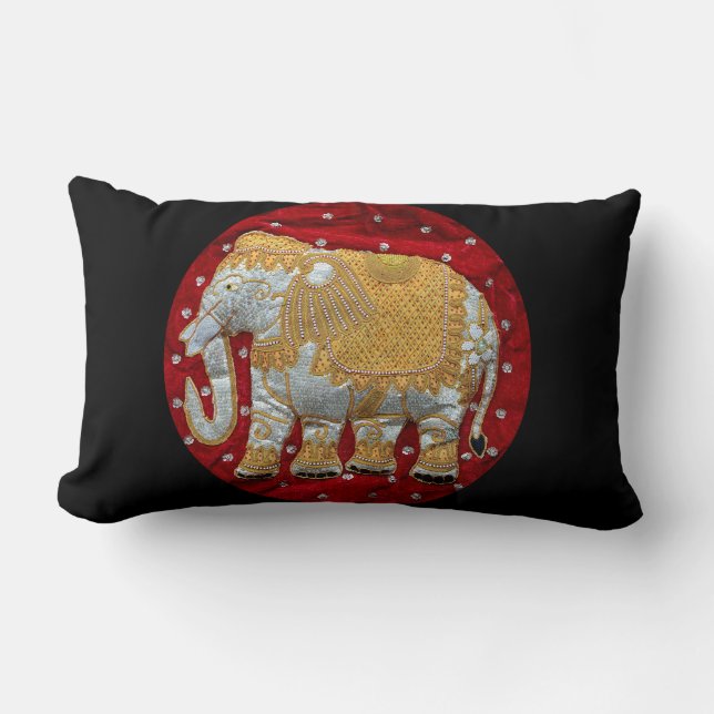 Verschönertes indischer Elefant-Rot und Gold Lendenkissen (Vorderseite)