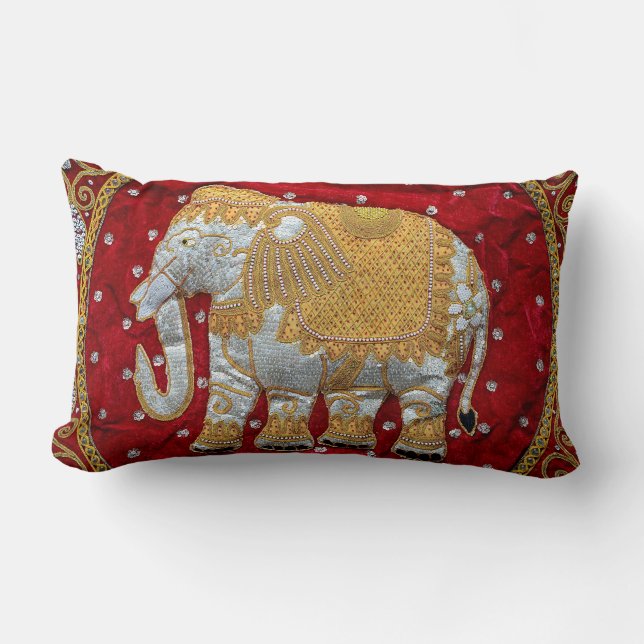 Verschönertes indischer Elefant-Rot und Gold Lendenkissen (Vorderseite)