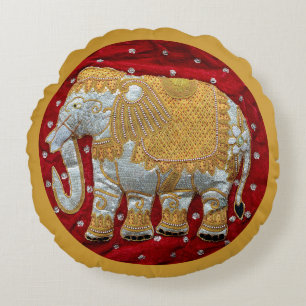 Verschönertes indischer Elefant-Rot und Gold Rundes Kissen