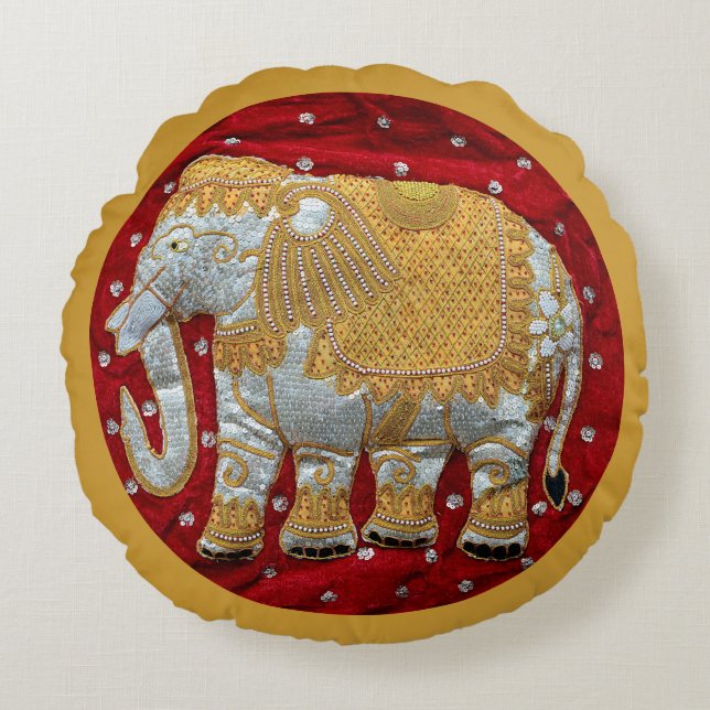 Verschönertes indischer Elefant-Rot und Gold Rundes Kissen (Vorderseite)