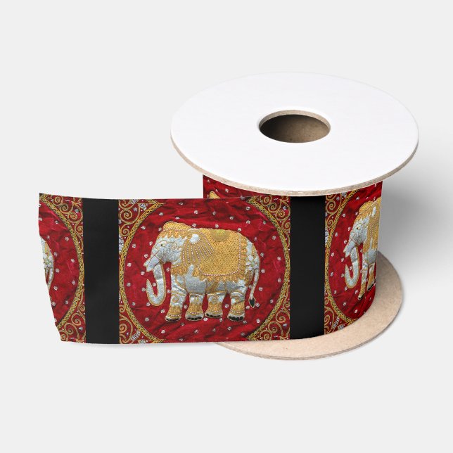 Verschönertes indischer Elefant-Rot und Gold Satinband (Spule)