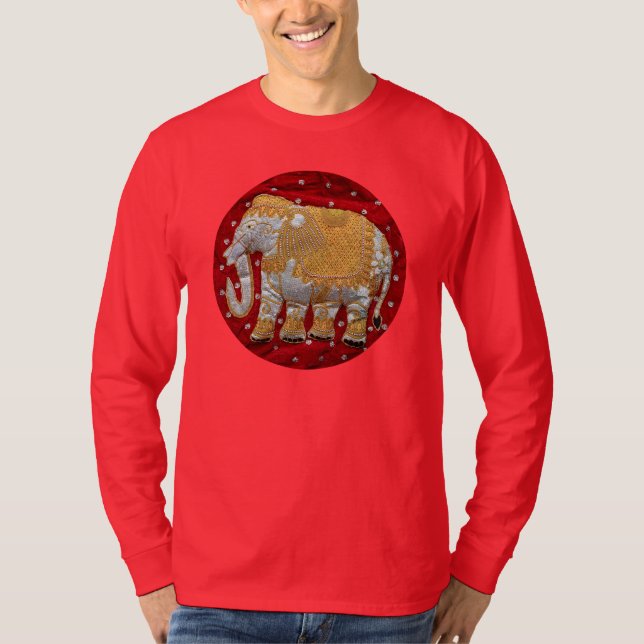 Verschönertes indischer Elefant-Rot und Gold T-Shirt (Vorderseite)