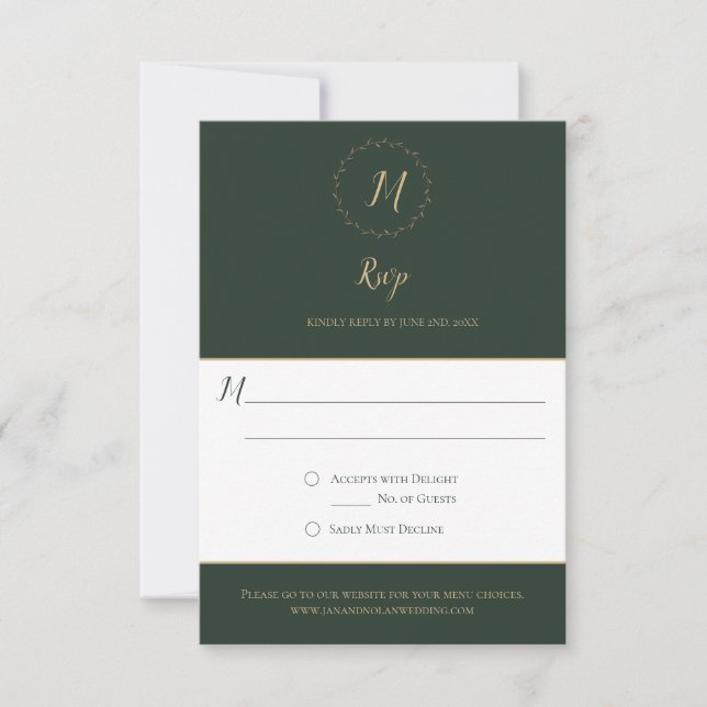 Versenkte RSVP-Karten für Evergreen und Gold Monog RSVP Karte (Vorderseite)