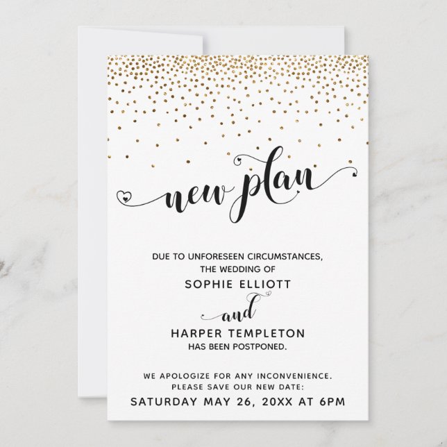 Verspätete Hochzeit Gold Confetti & Herz - neuer P Einladung (Vorderseite)