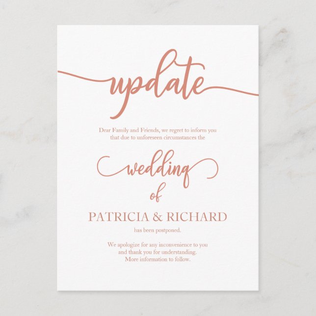 Verspätete Hochzeitdatum Ankündigung Rose Gold Postkarte (Vorderseite)