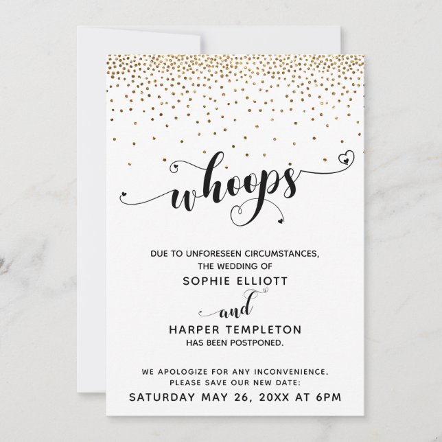 Verspätete Hochzeiten Gold Confetti & Hearts Einladung (Vorderseite)