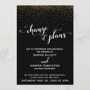 Verspätete HochzeitGold-Black-Änderung der Pläne-K Einladung