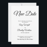 Verspätete Hochzeitsankündigung Elegantes neues Da Einladung<br><div class="desc">Hier ist eine einfache Karte, um Ihre Gäste zu benachrichtigen, wenn es notwendig ist, um Ihr Hochzeitstag zu ändern. Verwenden Sie die Vorlagenfelder, um Ihre persönlichen Daten hinzuzufügen und dieses elegante, minimalistische Design zu Ihrem eigenen zu machen. Der weiße Hintergrund kann in eine beliebige Farbe geändert werden. Alle Schriftart und...</div>