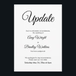 Verspätete Hochzeitsankündigung Elegantes Update Einladung<br><div class="desc">Hier ist eine einfache Karte, um Ihre Gäste zu benachrichtigen, wenn es notwendig ist, Ihre Hochzeit zu ändern. Verwenden Sie die Vorlagenfelder, um Ihre persönlichen Daten hinzuzufügen und dieses elegante, minimalistische Design zu Ihrem eigenen zu machen. Der weiße Hintergrund kann in eine beliebige Farbe geändert werden. Alle Schriftart und Farben...</div>