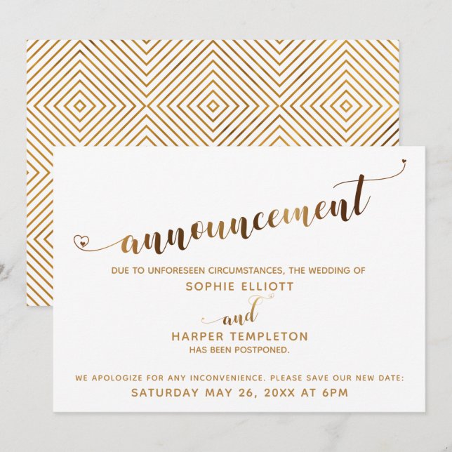 Verspätete Hochzeitsankündigung Gold Hearts Script Einladung (Vorne/Hinten)