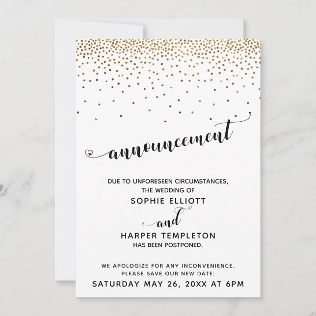Verspätete Hochzeitsschrift Gold Confetti & Herz Einladung (Vorderseite)