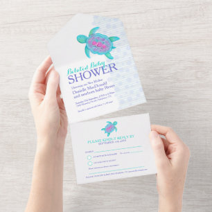 Verspätetes Babyshower-Aquarell-Schildkröte aqua All In One Einladung