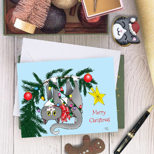 Verspielende hängende Weihnachtsbaum-Graue Katze Karte