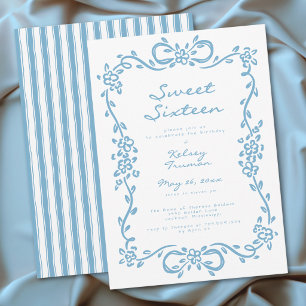 Verspielte blaue, gezeichnete Blumen-Sweet-Sixteen Einladung
