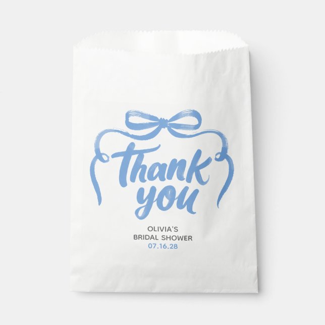 Verspielte blaue Schleife handgeschriebene Hochzei Geschenktütchen (Vorderseite)