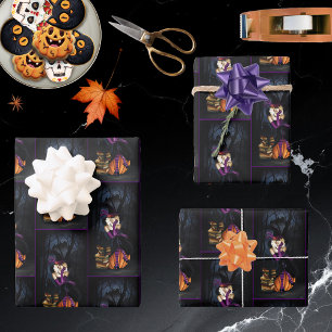 Verspielte Blonde Hexe Kürbis Lila Fantasy Geschenkpapier Set