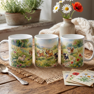 Verspielte Chihuahuas auf einer Blumenwiese Kaffeetasse