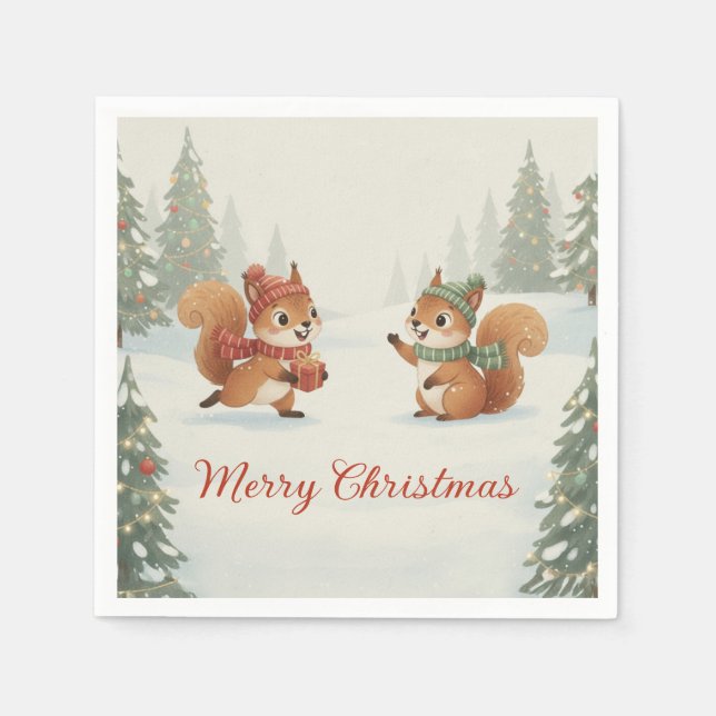 Verspielte Eichhörnchen im Weihnachts-Winterwald Serviette (Vorderseite)