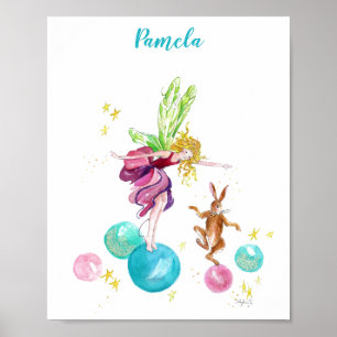 Verspielte Fee auf bunten Bällen mit Kaninchenpost Poster