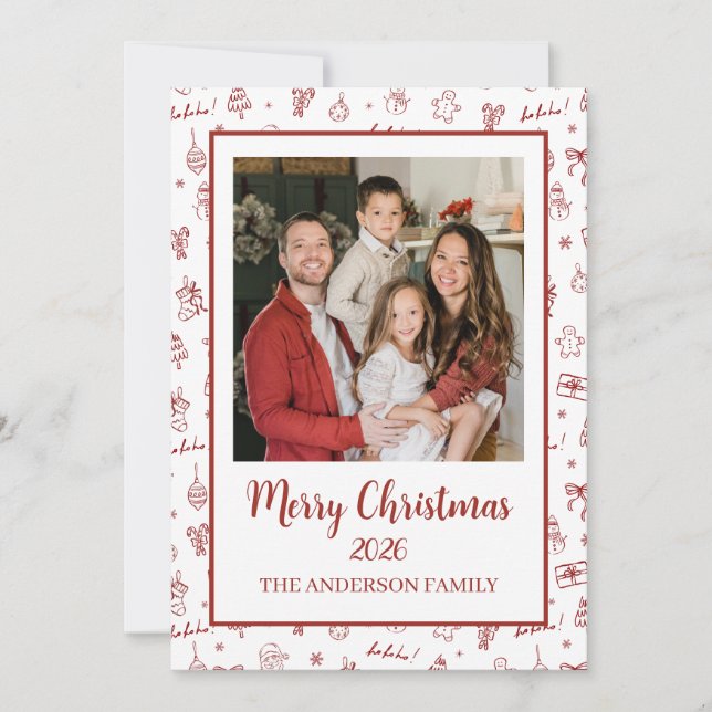 Verspielte handgezeichnete Doodle Rot Feiertagskarte (Vorderseite)