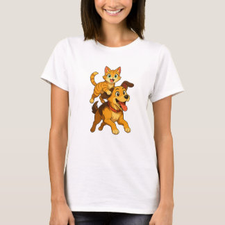 Verspielte Katze reitet auf einem süßen Hund – Kaw T-Shirt