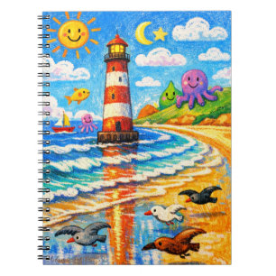 Verspielte Leuchtturm-Strandszene mit lächelndem S Notizblock