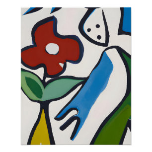 Verspielte Linienkunst mit roter Blume und Figur Poster