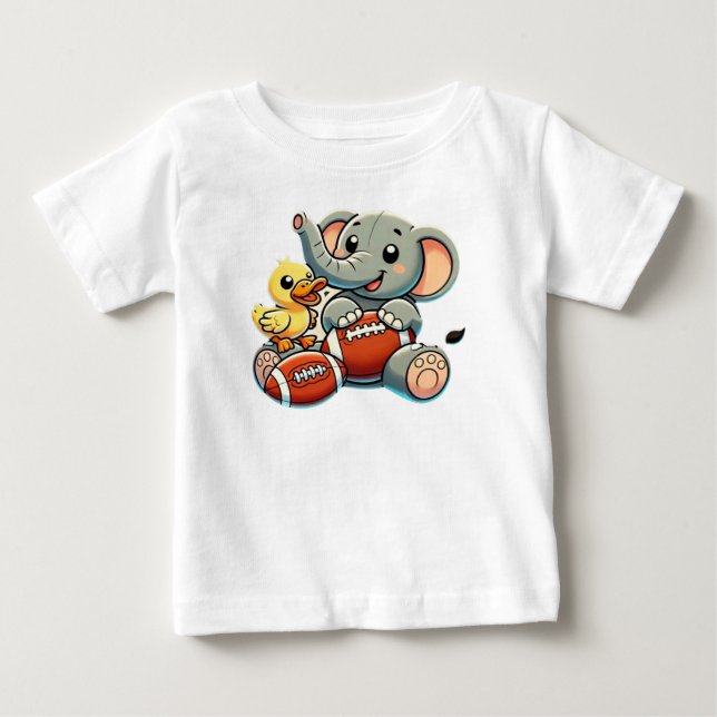 Verspielte Pals: Cartoon Elephant und Ente Baby T-shirt (Vorderseite)