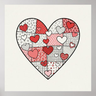 Verspielte rote und rosa Patchwork-Herz-Collage-Ku Poster