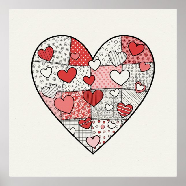 Verspielte rote und rosa Patchwork-Herz-Collage-Ku Poster (Vorne)