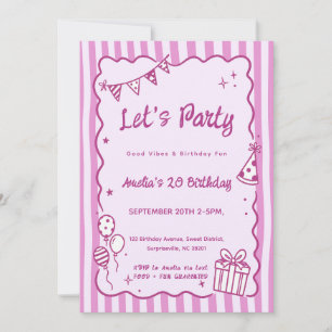 Verspielte süße rosa Streifen-Party-Doodle-Geburts Einladung