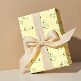 Verspielte Teal-Doodle-Füchse auf Buttergelb  Geschenkpapier