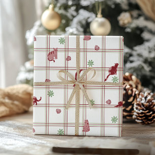 Verspielte Weihnachtskatzen auf Cranberry-Grün-Kar Geschenkpapier