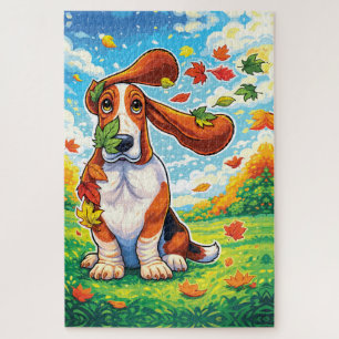 Verspielter Basset Hound Herbstlaub Cartoon
