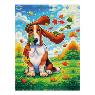 Verspielter Basset Hound Herbstlaub Cartoon Poster
