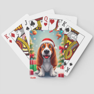 Verspielter Basset Hound Hund feiert Weihnachten Spielkarten