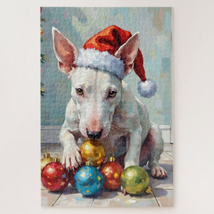 Verspielter Bull Terrier Hund bewacht Weihnachten