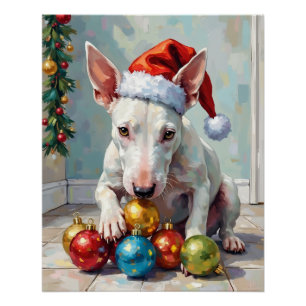 Verspielter Bull Terrier Hund bewacht Weihnachten Poster