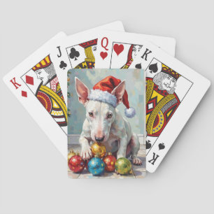 Verspielter Bull Terrier Hund bewacht Weihnachten Spielkarten
