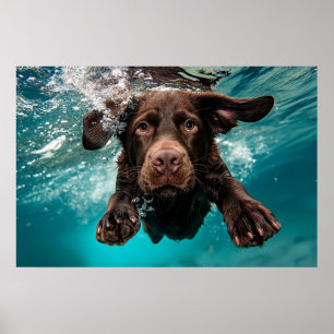 Verspielter Chocolate-Labrador schwimmt unter Wass Poster