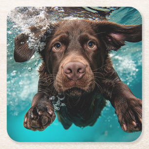 Verspielter Chocolate-Labrador schwimmt unter Wass Rechteckiger Pappuntersetzer
