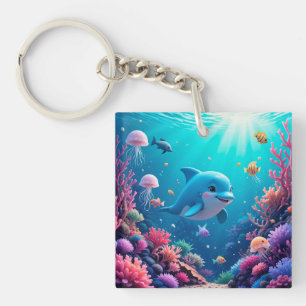 Verspielter Delfin und farbenfrohes Meeresleben Schlüsselanhänger