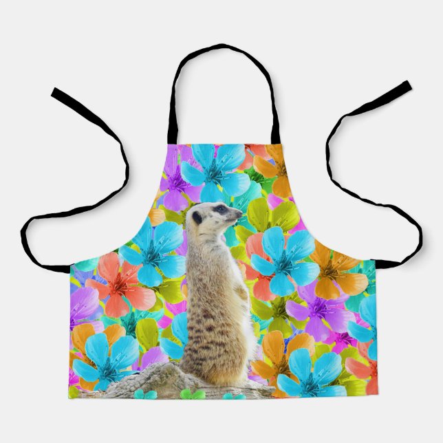 Verspielter Garten: Meerkat Amid Tribfarbene Blüte Schürze (Vorderseite)