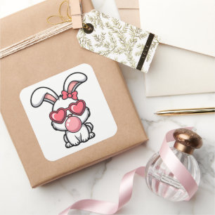 verspielter Kawaii-Hase mit Kaugummiblase Quadratischer Aufkleber