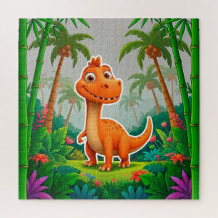 Verspielter orangefarbener Dinosaurier in üppiger