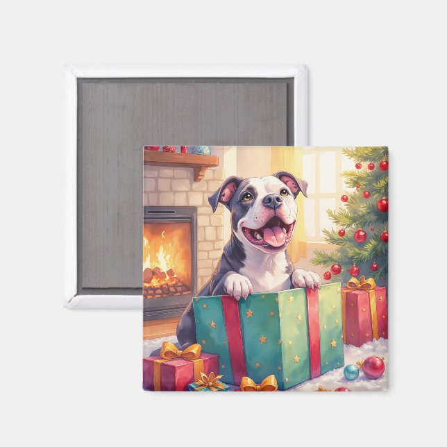 Verspielter Pitbull öffnet Weihnachtsgeschenke Fei Magnet (Vorderseite/Rückseite)