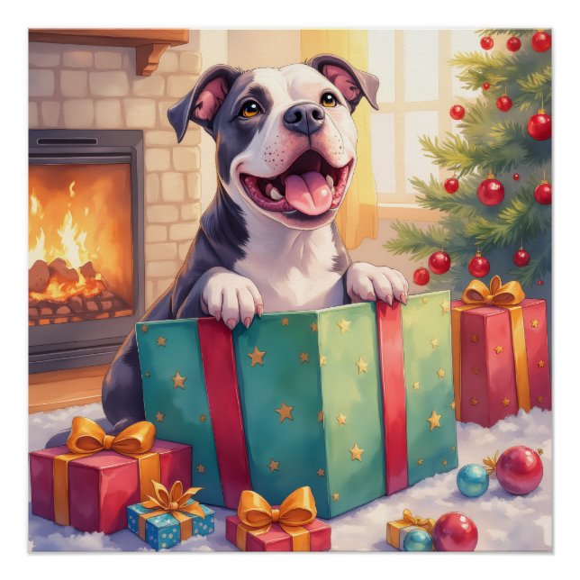 Verspielter Pitbull öffnet Weihnachtsgeschenke Fei Poster (Vorderseite)