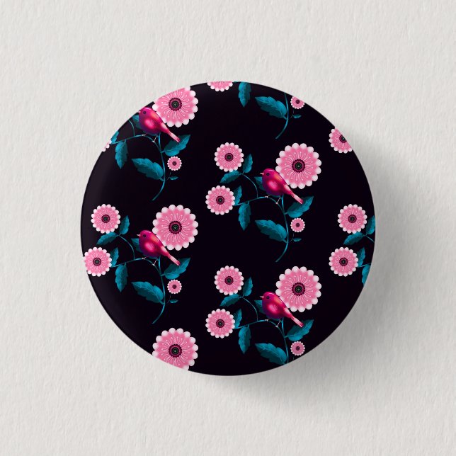 Verspielter rosa Vogel Blumendesign Button (Vorderseite)
