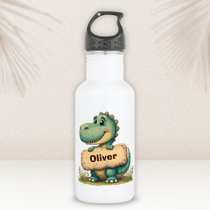 Verspielter T-Rex mit Namensschild aus Stein Edelstahlflasche